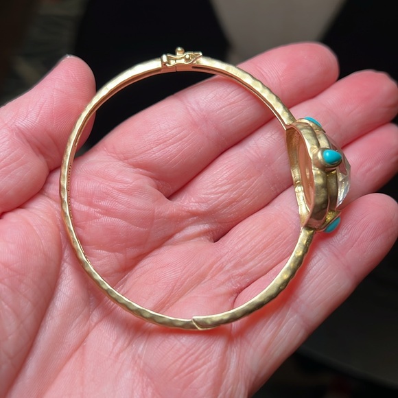 Kiam Family hammered gold tone faux turquoise MOP flash hinged bracelet - Picture 3 of 9